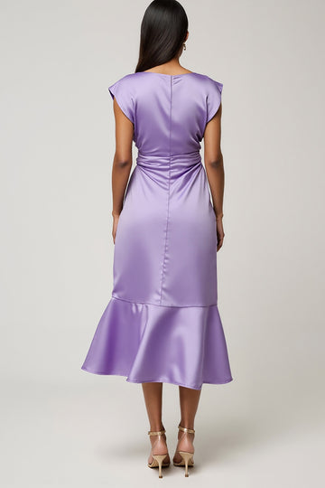Purple Satin Bodycon Cap Sleeves Maxi Work Dress with Ruffles